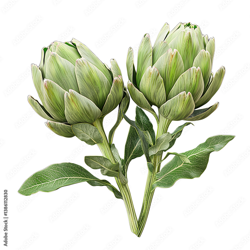 Poster artichokes with intricate details create an eye-catching botanical design. isolated on white backgro