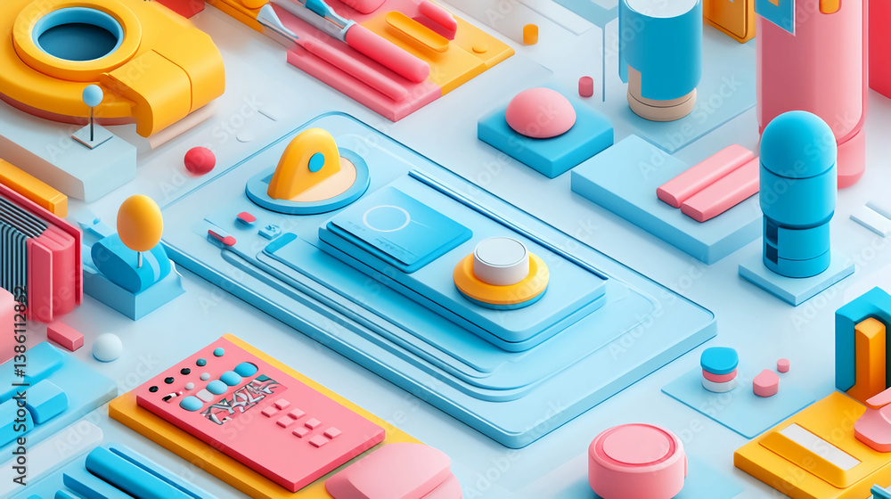 Poster isometric design of ui ux elements for website and app development in pastel colors and modern style