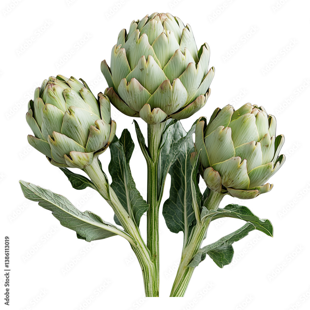 Poster three artichokes with green leaves showcasing their unique shape and texture in a striking compositi