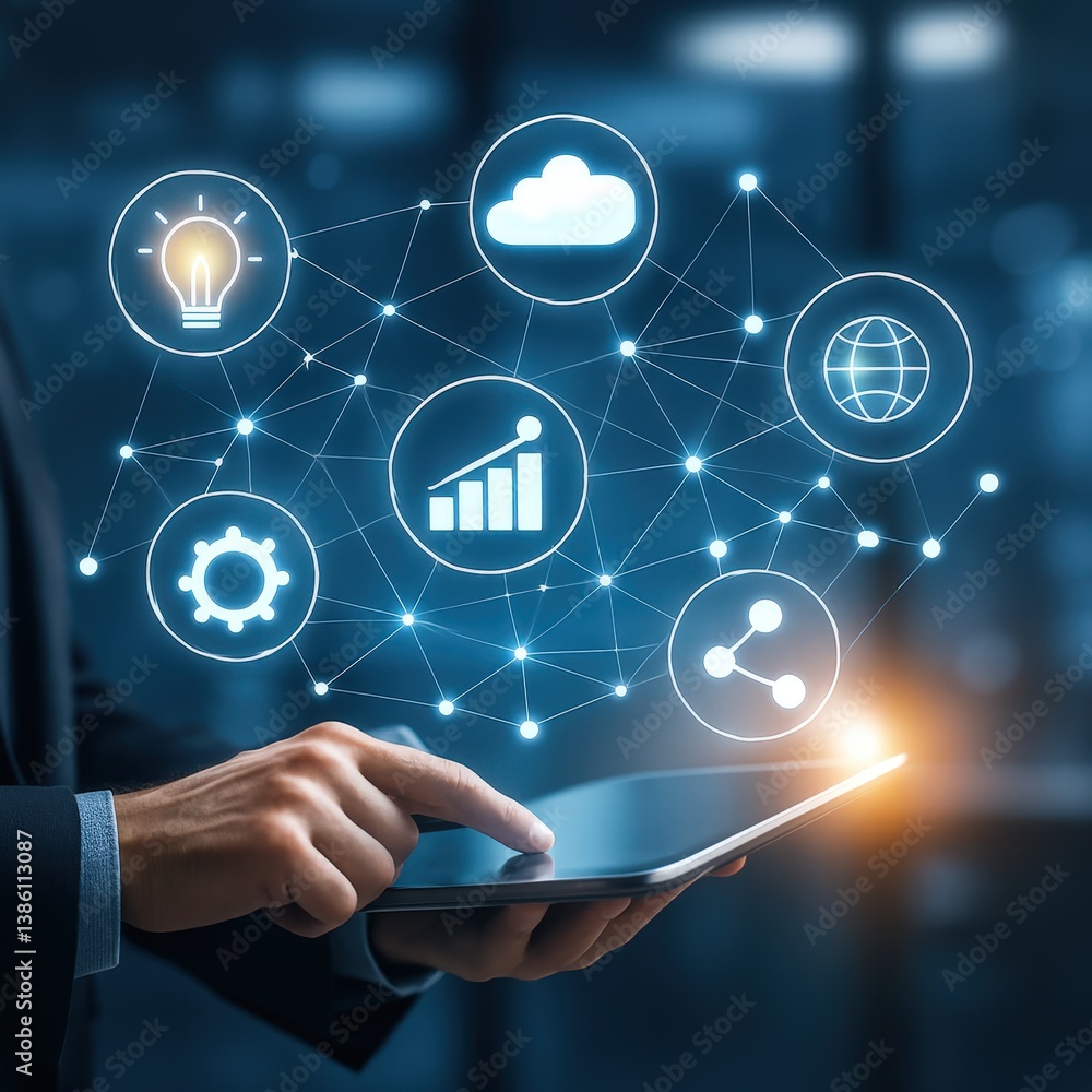 Aufkleber digital technology concept with business professional holding tablet and network icons representing 