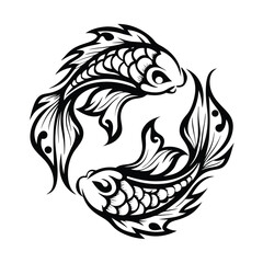 Stylized Fish Design, Black Ink Flow, Twin Koi, Ornamental Details 