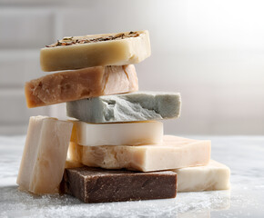 Fototapeta premium Stack of assorted natural soap bars on white bathroom countertop