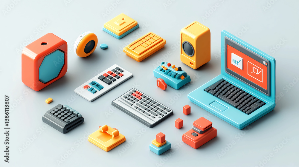 Poster isometric technology gadgets devices laptop keyboard speaker remote control calculator design render