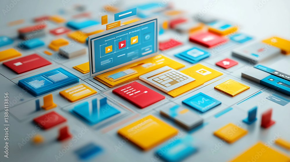 Poster abstract app development concept for ui ux design with colorful icons and digital interface art 3d r