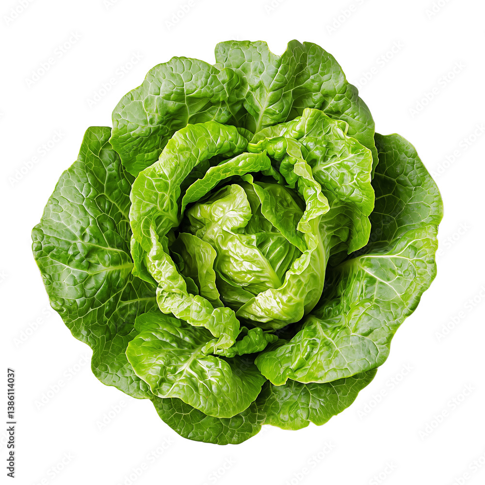Poster fresh green lettuce with intricate leaf patterns, viewed from above isolated on white background and