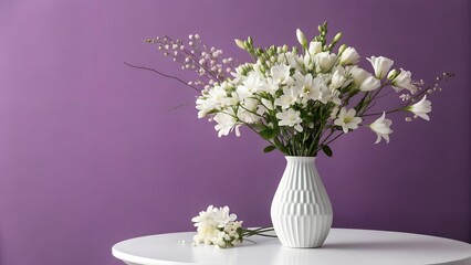 Obraz premium A vase, filled with white flowers, sits atop a white table, against a purple backdrop 