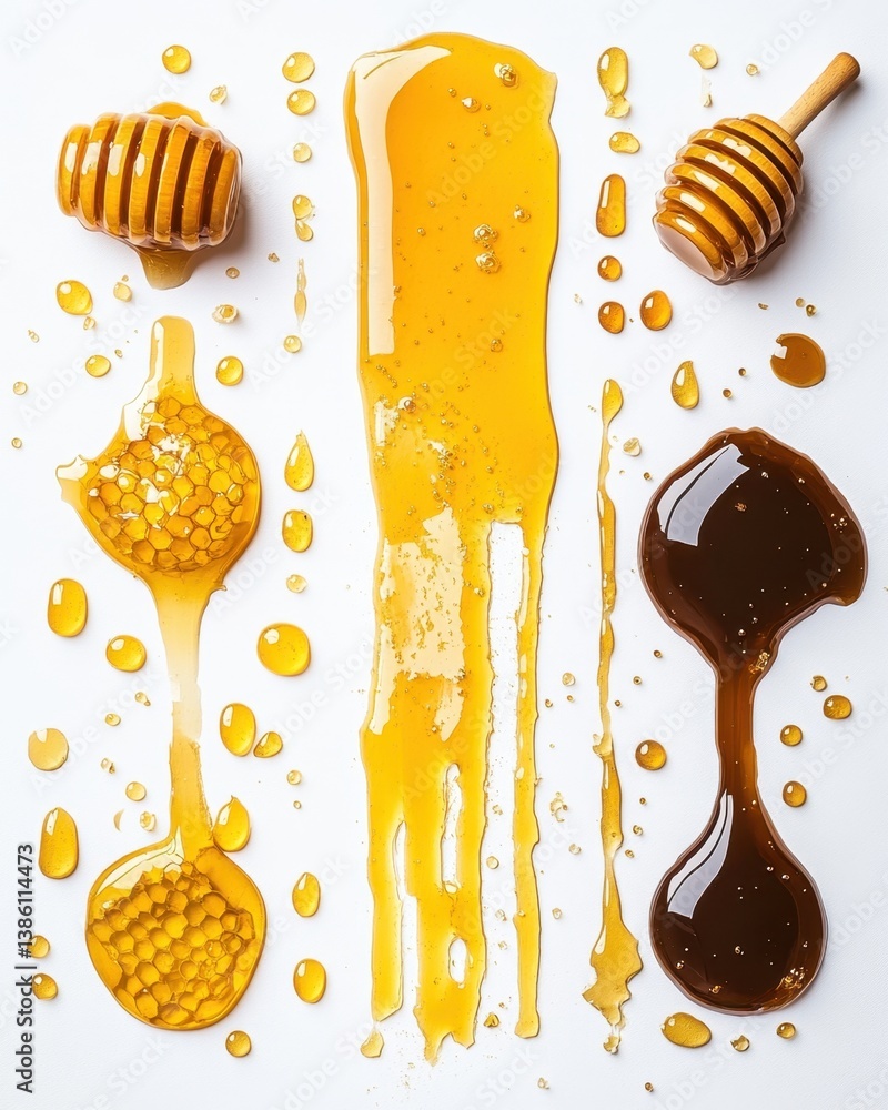 Poster golden honey cascade on white background with dippers and honeycomb creating a sweet and natural moo