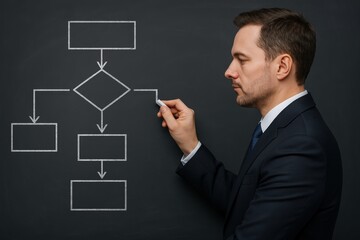 Business Process Workflow Concept: Businessman Drawing Flowcharts on Chalkboard in Formal Suit
