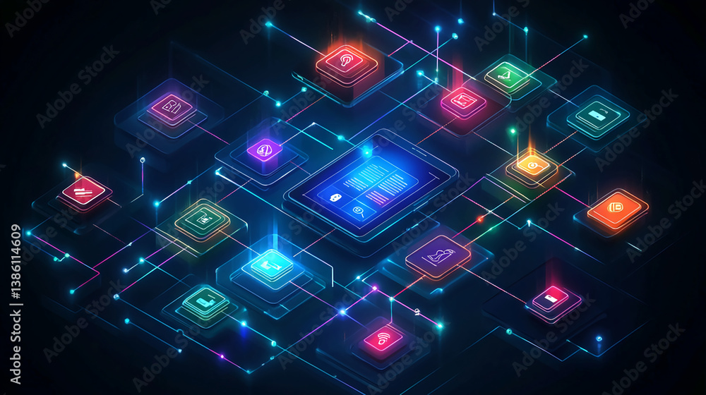 Poster digital network connection technology concept for data transfer and cloud computing security system