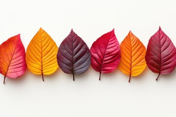 Colorful autumn leaves in a row against a white background creating a vibrant and seasonal composition with a clean and modern aesthetic