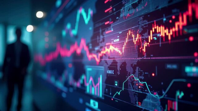 Digital market graphs with red and blue price charts financial trading data. Colorful candlestick patterns display volatility. Blurred silhouette of trader analyzing investment trends on large monitor