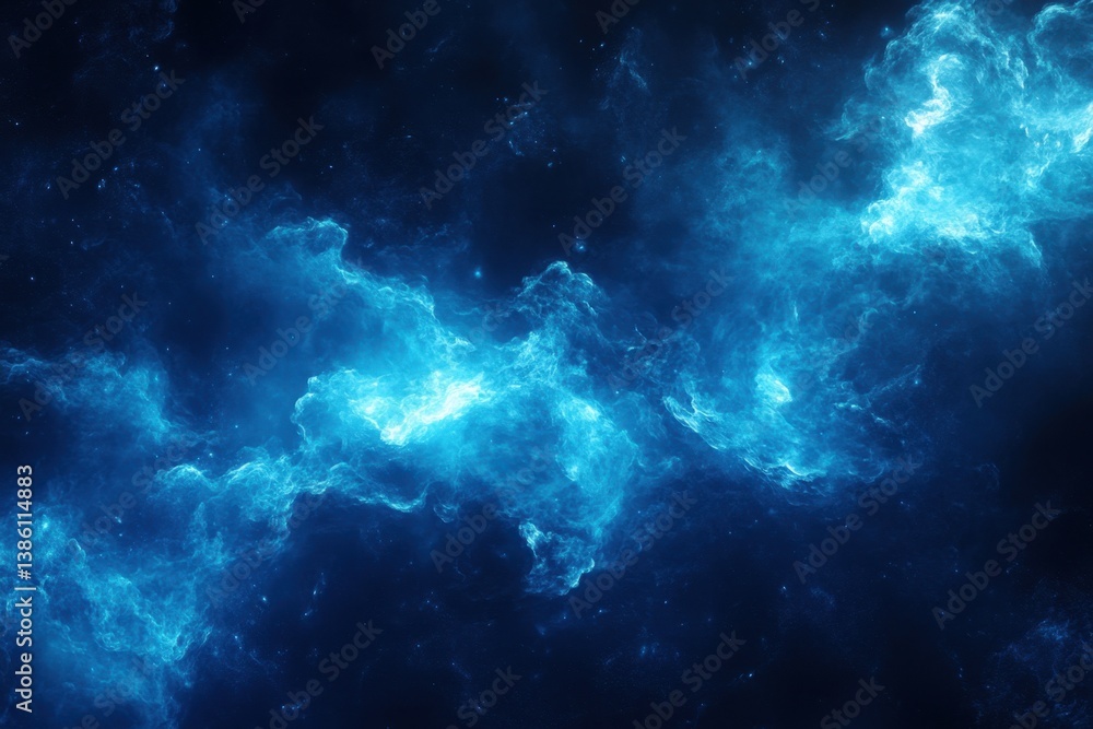 Poster captivating cosmic nebula in deep space with swirling blue clouds and ethereal light creating a cele