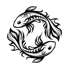 Yin Yang Symbol Two Fish Intertwined in Circular Harmony, Black Outline, 