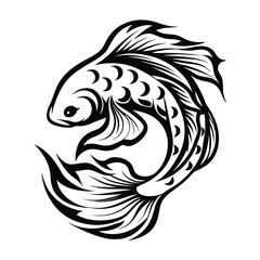 Monochrome Fish Illustration, Curled Tail, Detailed Fins 