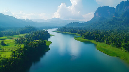 Fototapeta premium Pristine Nature Reserve Landscape: Aerial View of Tranquil River and Mountain Range