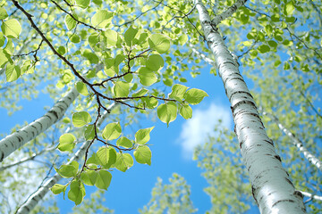 Fototapeta premium silvery birch branches under a spring sky,