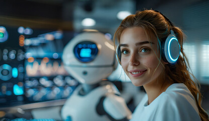 A smiling hotel staff member uses a futuristic voicebot assistant, showcasing seamless AI-powered guest service and next-gen hospitality technology.