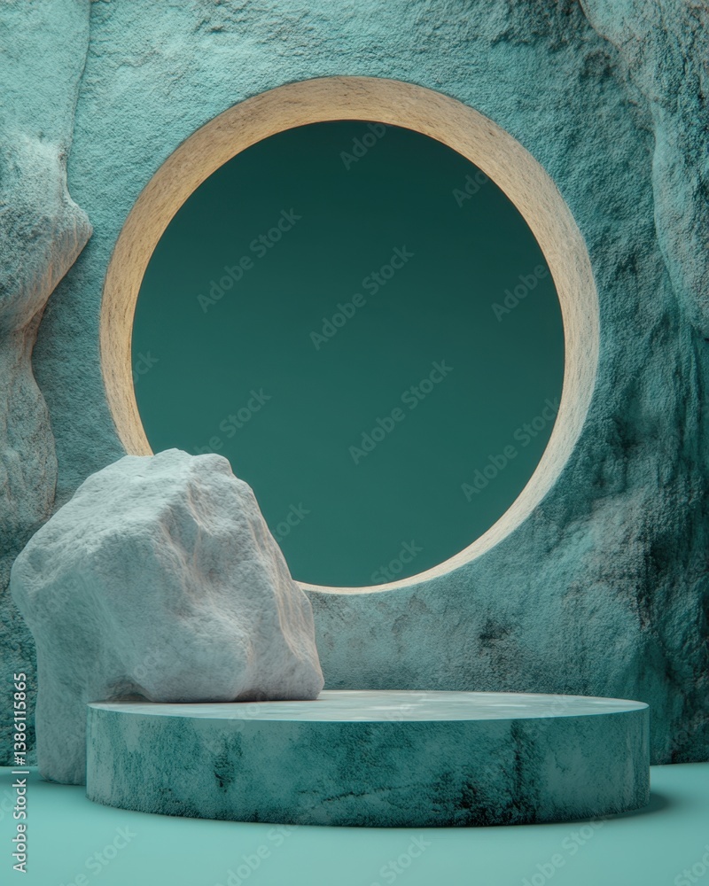 Poster serene teal stone podium with circular portal in a textured cave backdrop for product display