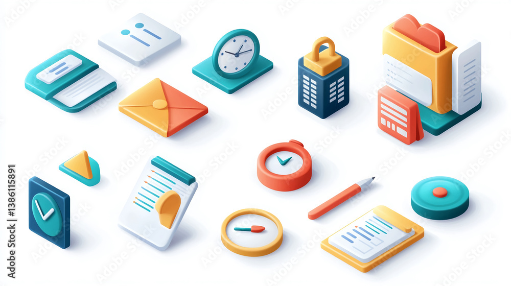 Poster isometric business icons set vector design for project management workflow and time management conce