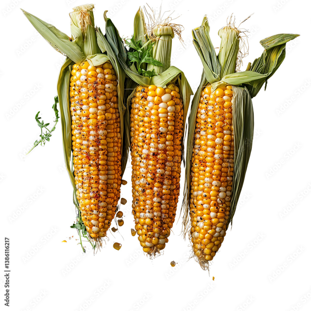Poster three ears of corn with vibrant yellow kernels and green husks set emphasizing their texture and col