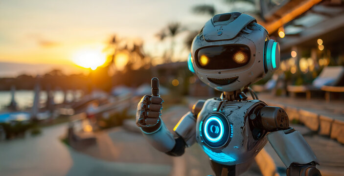 Friendly voicebot at sunset&mdash;blending advanced AI design with a warm, beachside vibe. Perfect for tech-lifestyle branding, futuristic customer support, or relaxed AI concepts.