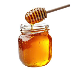 Jar of honey with dipper and dripping on transparent background