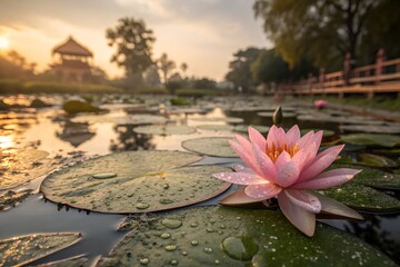 pink lotus flower in scenic temple pond – peaceful nature scene