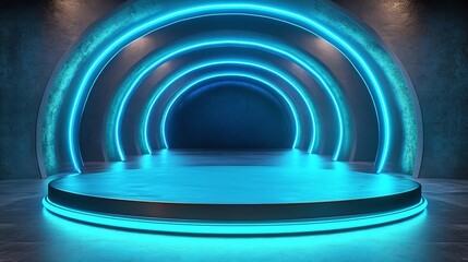 Obraz premium High end circular podium vibrant teal cyan color combination surrounded glowing blue neon LED ring background arch futuristic curvature subtle gradient enhancing sleek modern aesthetic polished