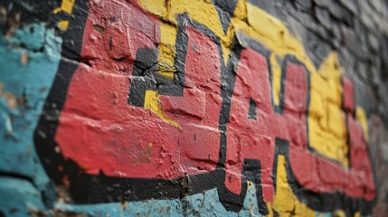 Fototapeta premium A close-up of a rough, weathered brick wall with faded graffiti and natural textures
