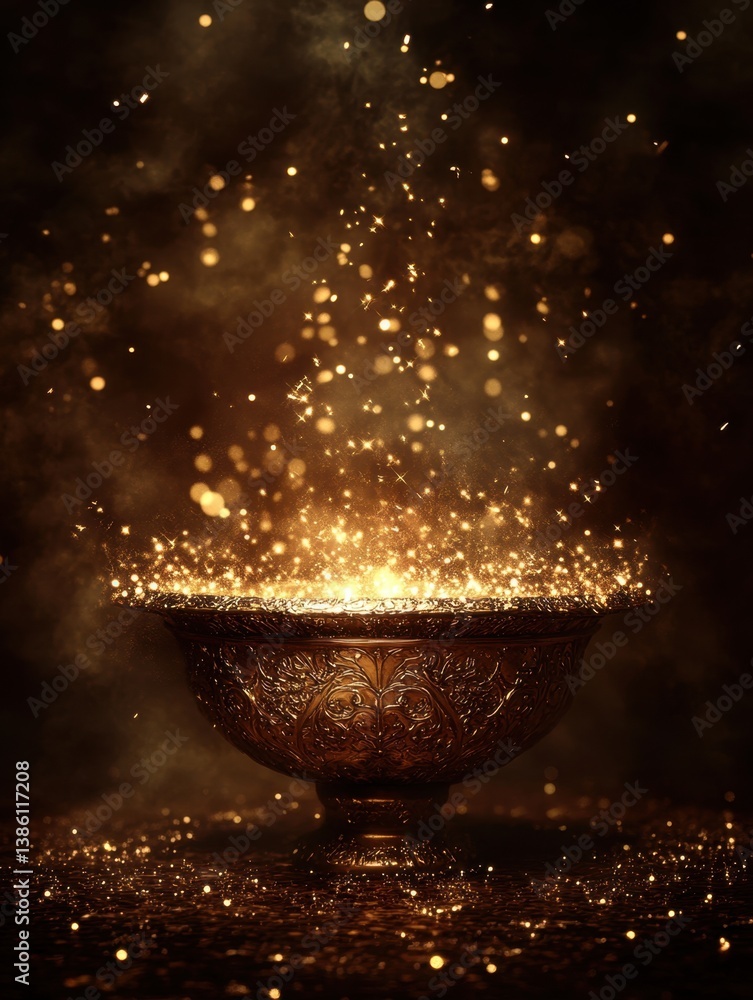 Poster golden bowl overflowing with sparkling light creating a magical and enchanting atmosphere in a dark 
