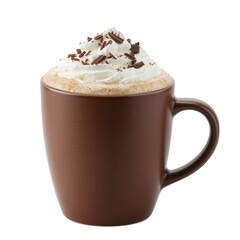 Steaming hot chocolate with whipped cream and chocolate shavings.