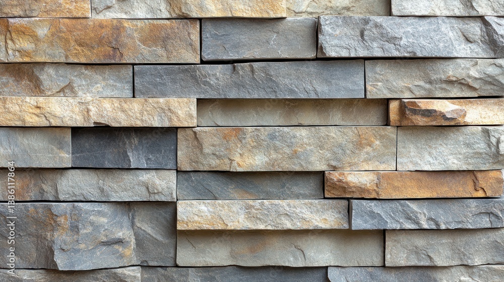 Poster stone wall cladding. close-up view of stacked rectangular stone tiles in various shades of gray and 