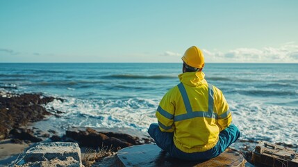 a man in a yellow jacket sitting on a rocky shore looking out at the ocean 