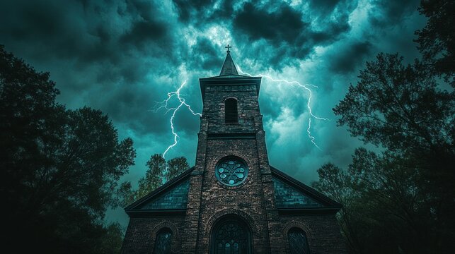 Stormy church in a dark forest