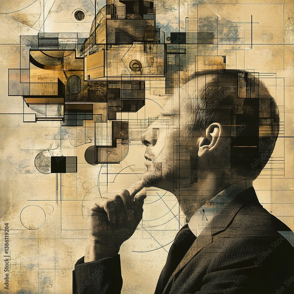Poster thoughtful man contemplating architectural design concepts and ideas