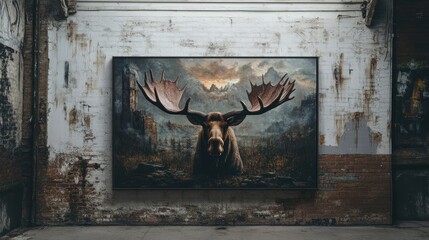 Framed Wildlife Art Majestic Antlered Creature in Rustic Urban Setting