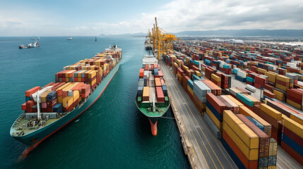 Fototapeta premium Aerial view of cargo ships loading and unloading containers at a busy port, showcasing maritime trade and logistics.