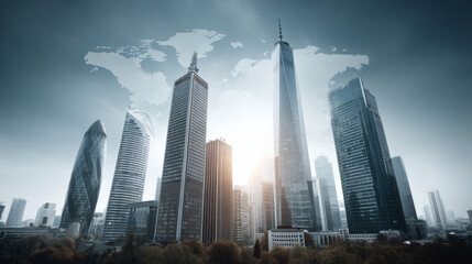 Obraz premium A stunning skyline features modern skyscrapers against a world map backdrop, symbolizing global connectivity and urban advancement.
