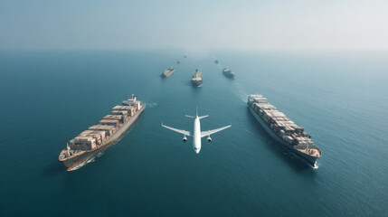 Aerial view of ships navigating through water with an airplane flying above, showcasing maritime and aerial transport dynamics.
