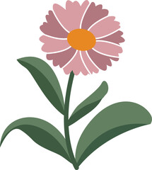 Vibrant pink flower illustration with green leaves.