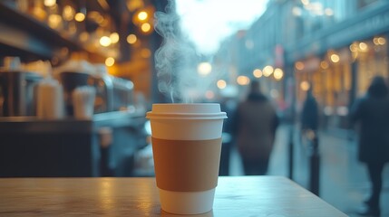 A minimalist coffee cup with steam rising against a blurred background of a bustling cafe
