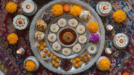 A beautifully arranged festive platter featuring a variety of traditional sweets, colorful decorations, and candles, capturing a vibrant celebration atmosphere
