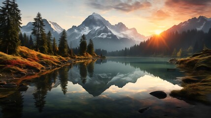 Peaceful mountain lake reflecting first golden ray of sunrise Snow capped peak rise distance their reflection shimmering calm water Mist roll gently over surface while lush pine tree frame landscape