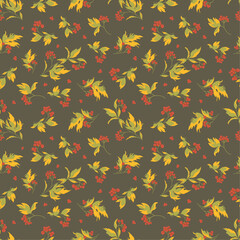 Seamless vector autumn pattern with red and orange berries and leaves. Colorful autumn flower background. Elegant floral seamless pattern.Vector rowan berries