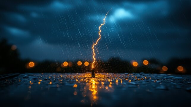 Stormy night, dramatic lightning strike