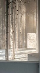 a room with white birch trees and sunlight coming through the window 