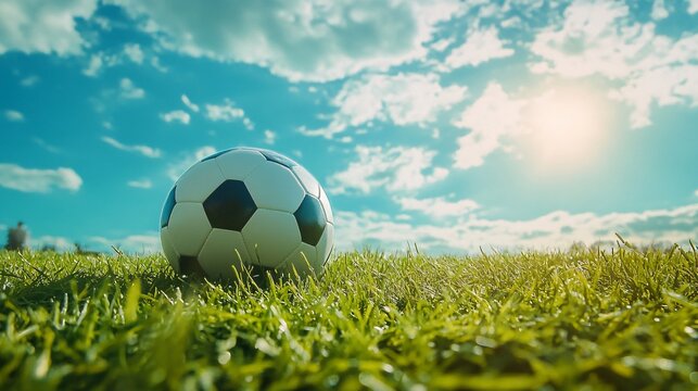 Classic soccer ball lying on lush green grass field under blue sky