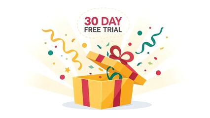 free trial 30 day vector showing a cheerful gift box opening with confetti in bright, festive colors.