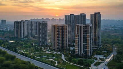 Sunset Skyline: Modern Apartments and Lush Greenery