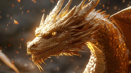Golden dragon emerging from fire background 3d illustration